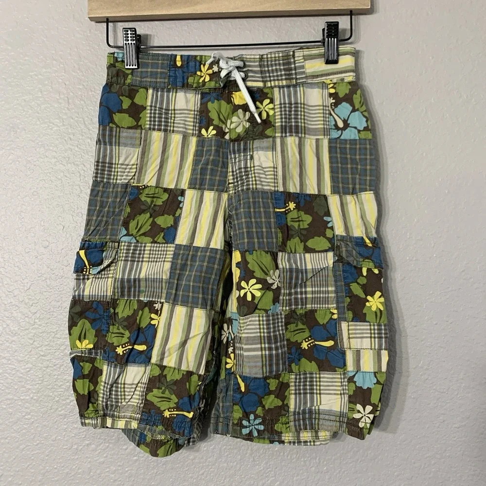 Gymboree Boys‎ Patchwork Madras Plaid/Stripe Bermuda Shorts Green Blue Size 8